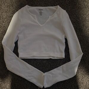 Freshman White Ribbed V-Notch Long Sleeve Crop Top
